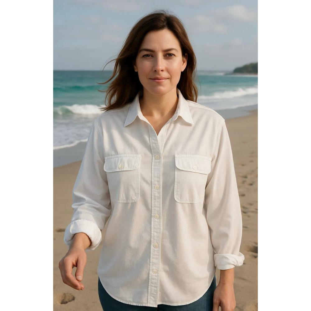 Lands' End Button-Up Shirt Size Med White Chest Pockets‎ Collard Preppy Coastal